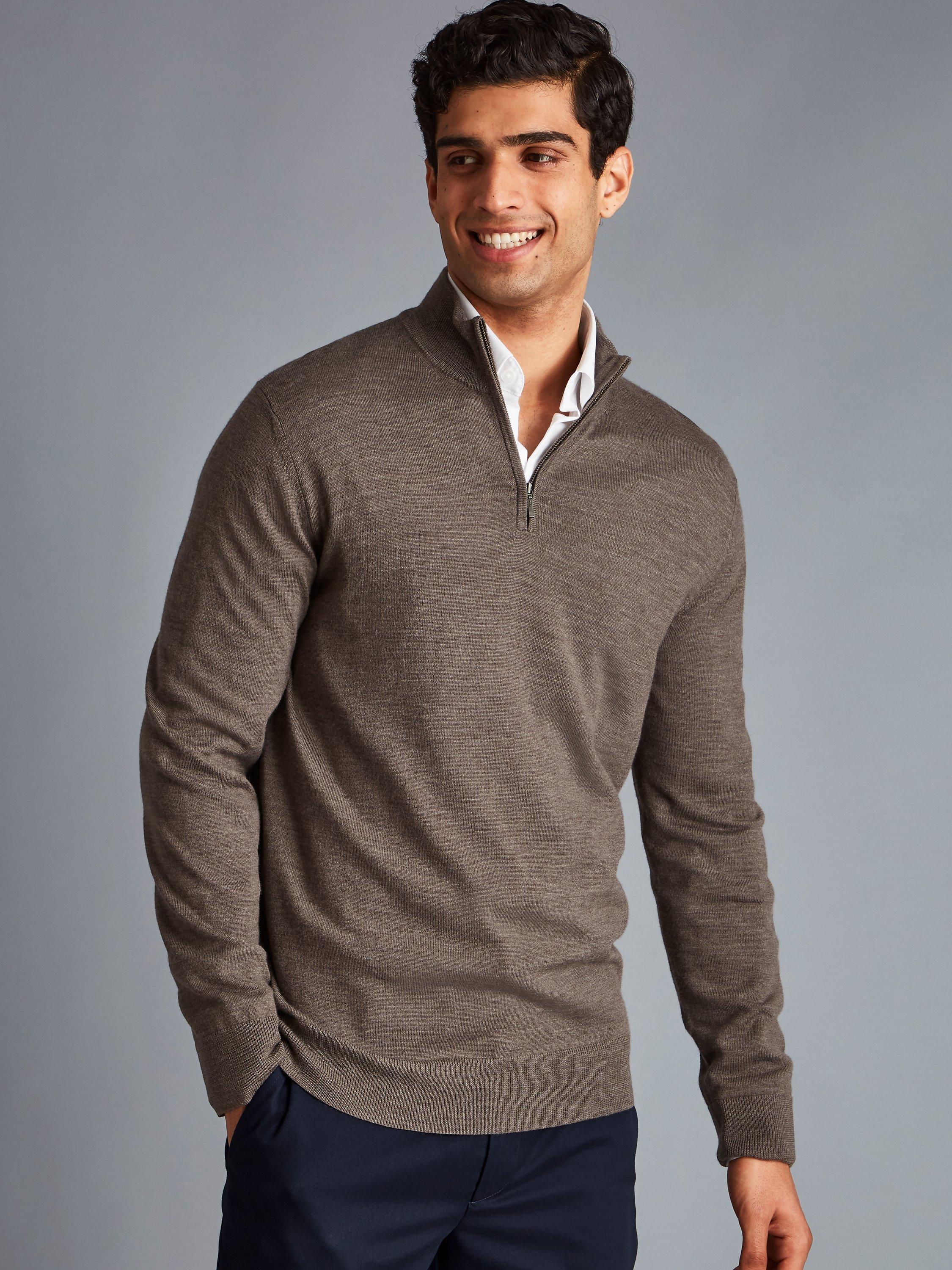 Product image 1 of 6, which shows Charles Tyrwhitt Merino Wool Zip Neck Jumper, Mocha, XS