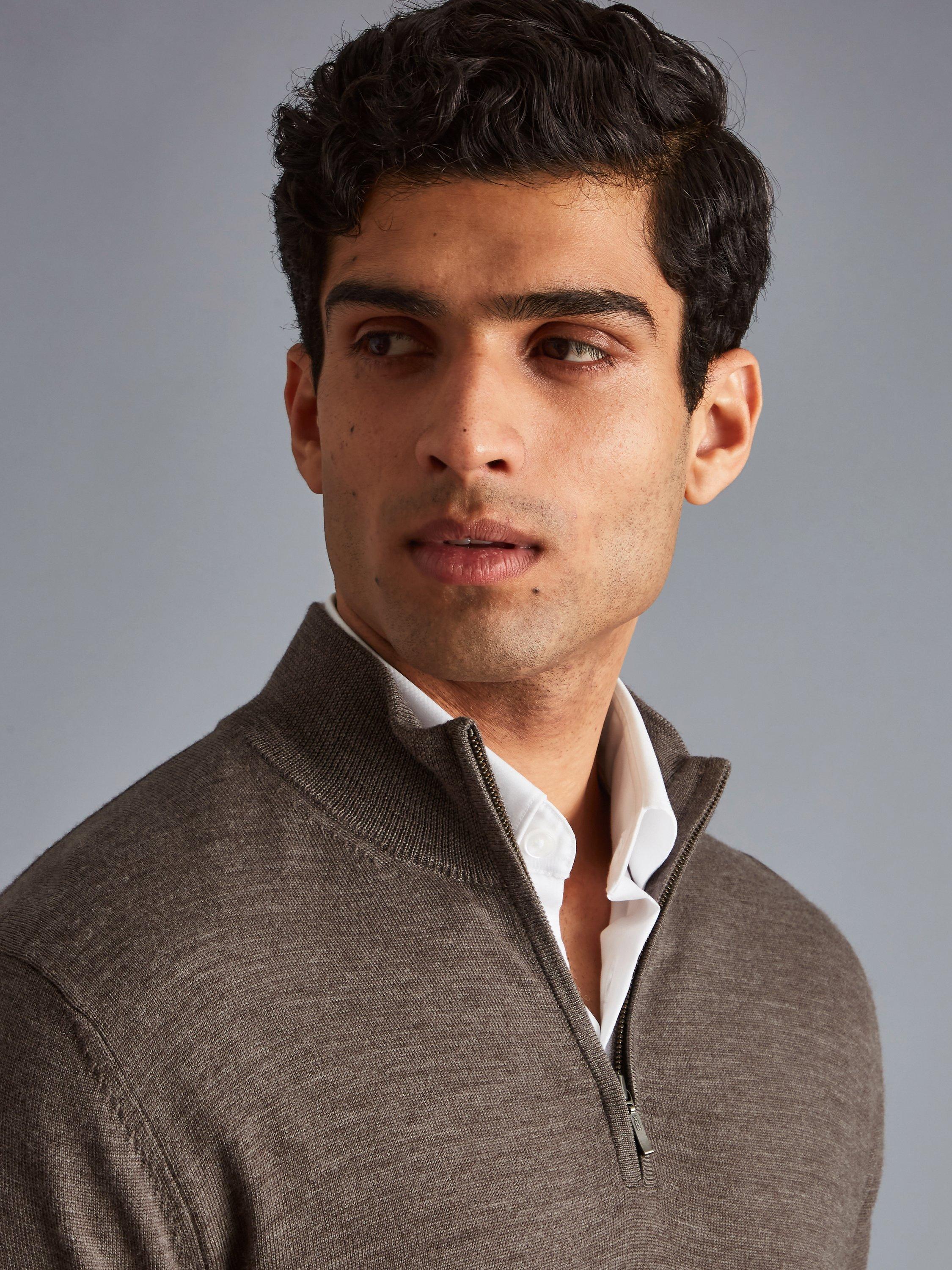 Product image 4 of 6, which shows Charles Tyrwhitt Merino Wool Zip Neck Jumper, Mocha, XS