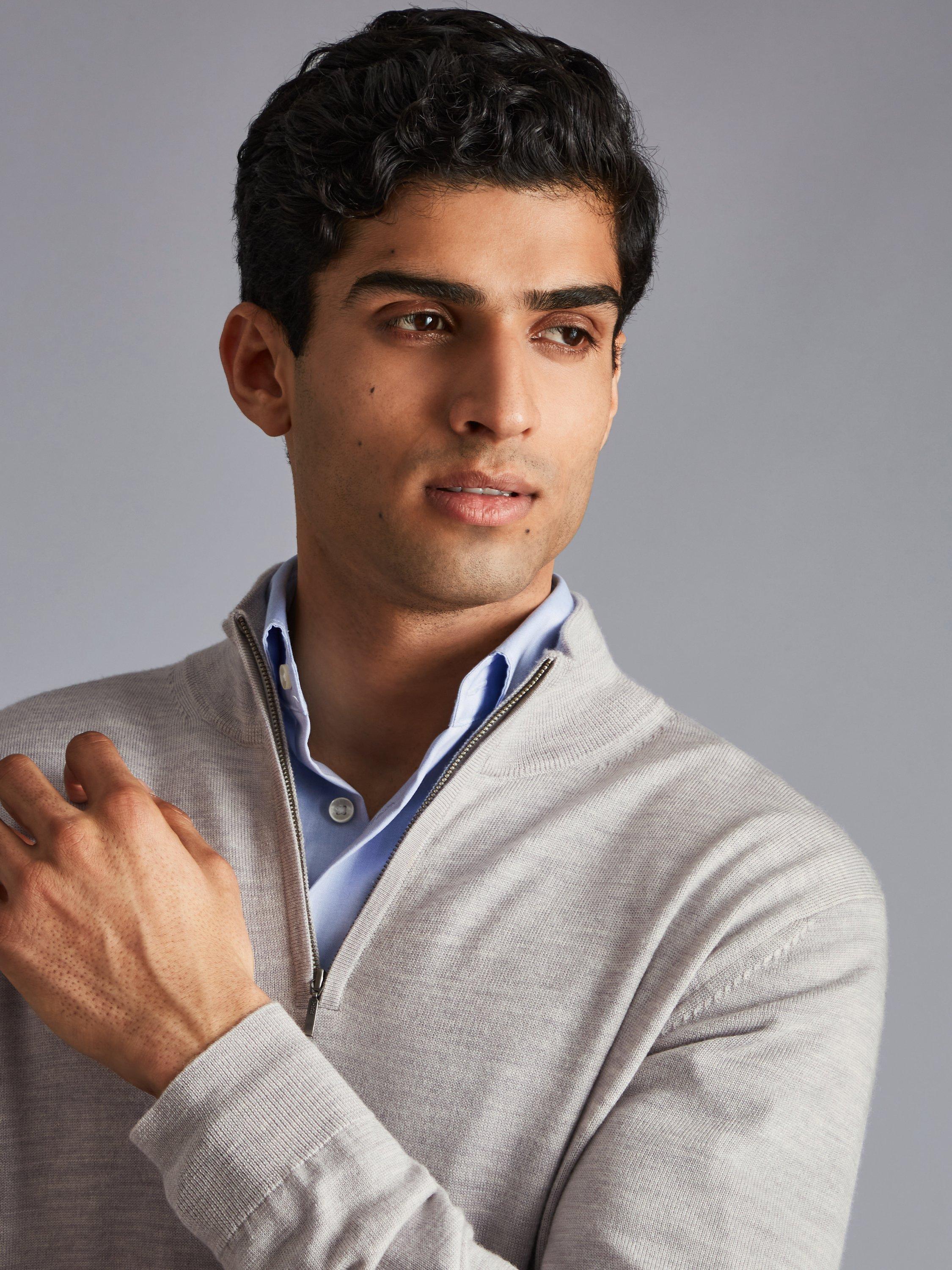 Product image 4 of 6, which shows Charles Tyrwhitt Half Zip Merino Wool Jumper, Silver Grey, XS