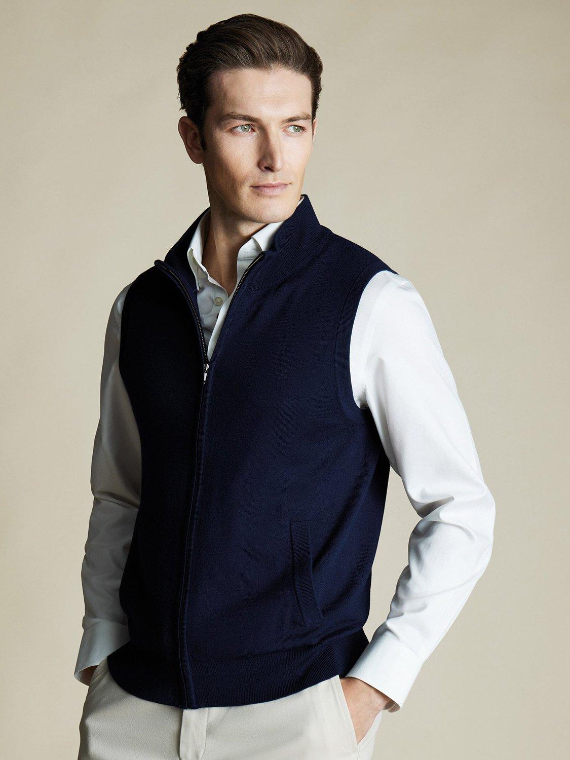 Product image 1 of 5, which shows Charles Tyrwhitt Zip Front Merino Wool Gilet, Navy, XL
