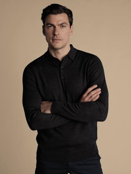 Charles Tyrwhitt Long Sleeve Merino Wool Polo Shirt, Dark Charcoal