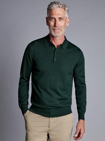 Charles Tyrwhitt Long Sleeve Merino Wool Polo Shirt, Forest Green
