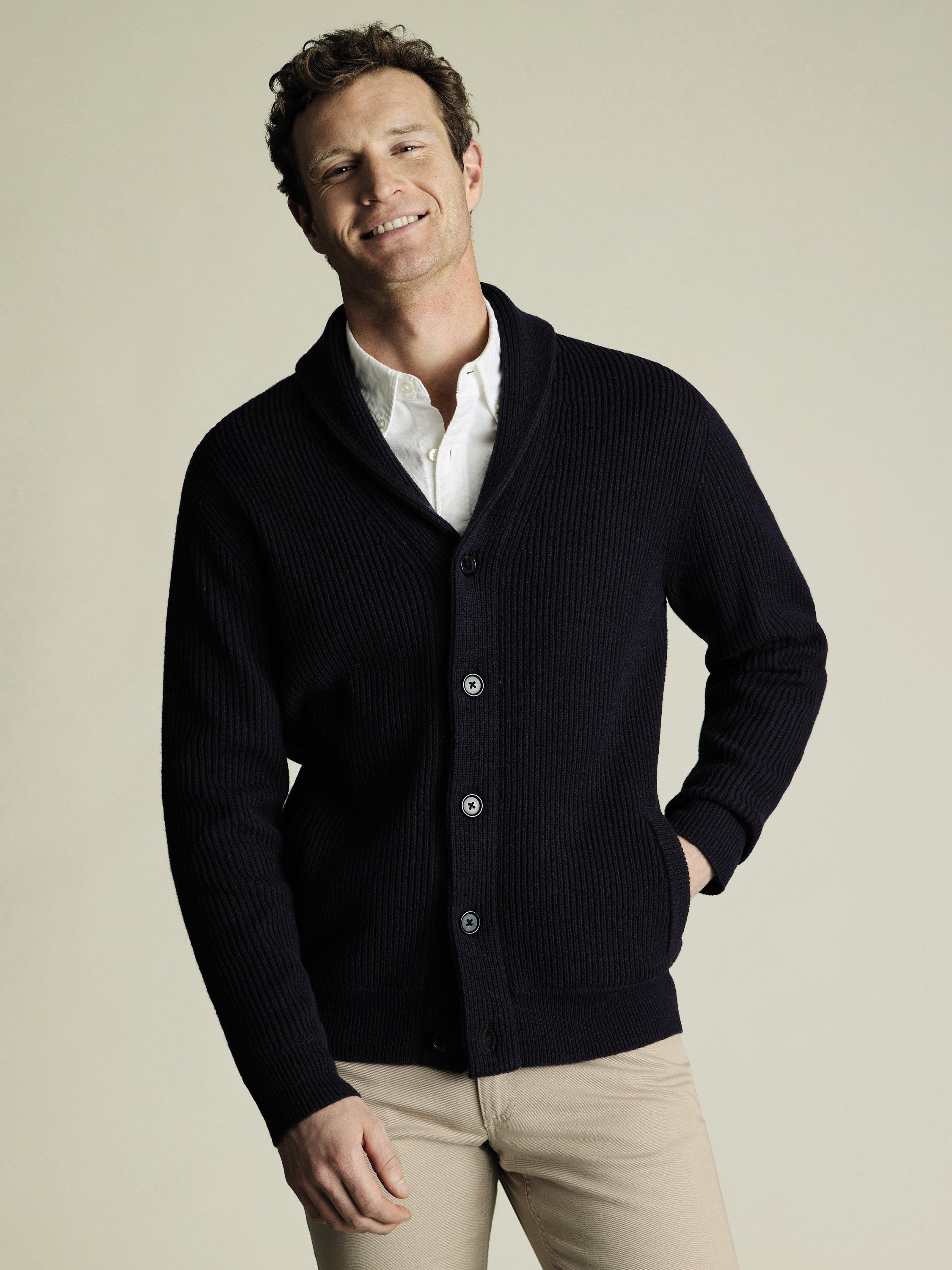 Product image 1 of 5, which shows Charles Tyrwhitt Merino Wool Cardigan, Navy, XXXL