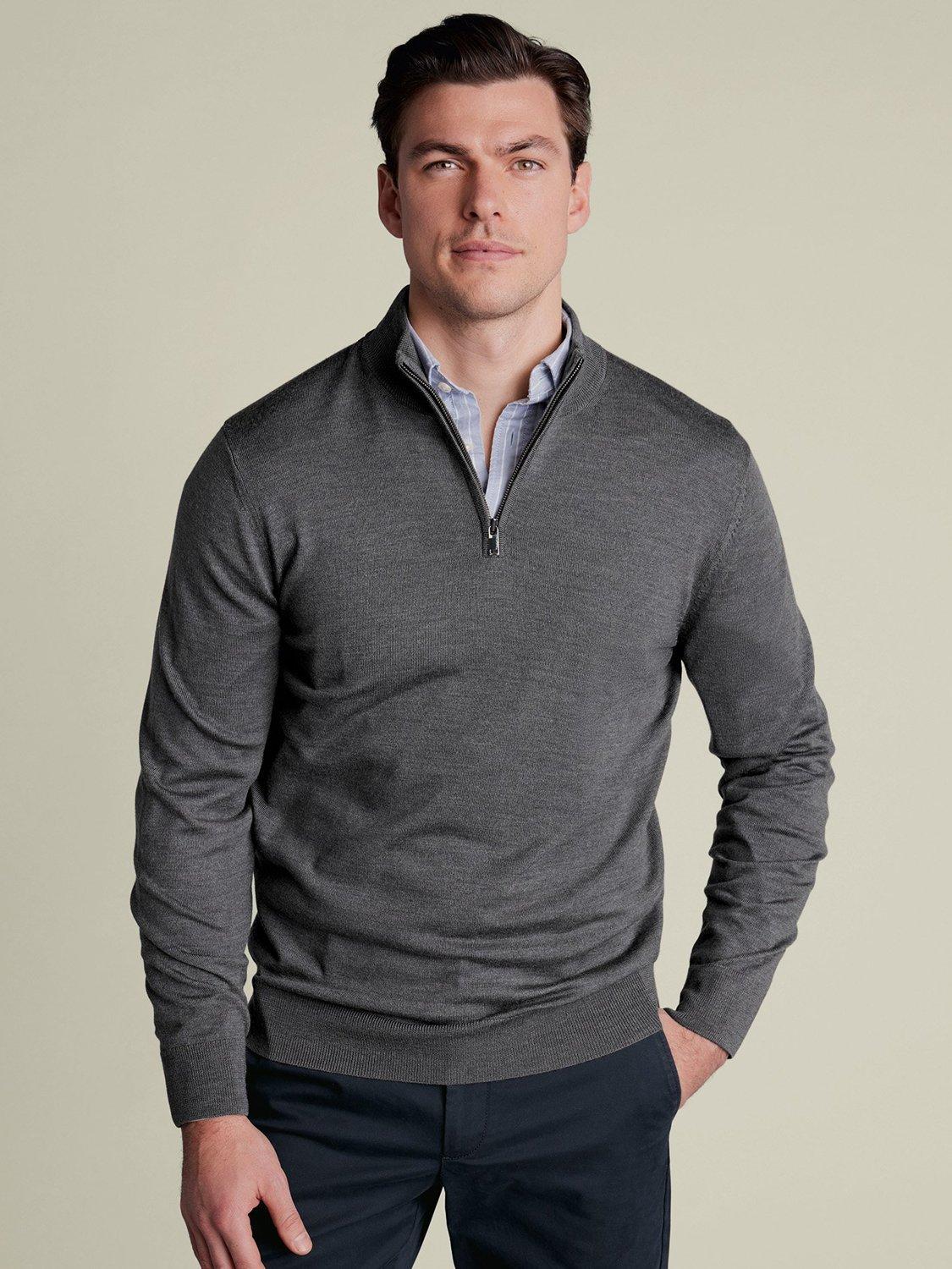 Product image 1 of 5, which shows Charles Tyrwhitt Half Zip Merino Wool Jumper, Grey, XXL