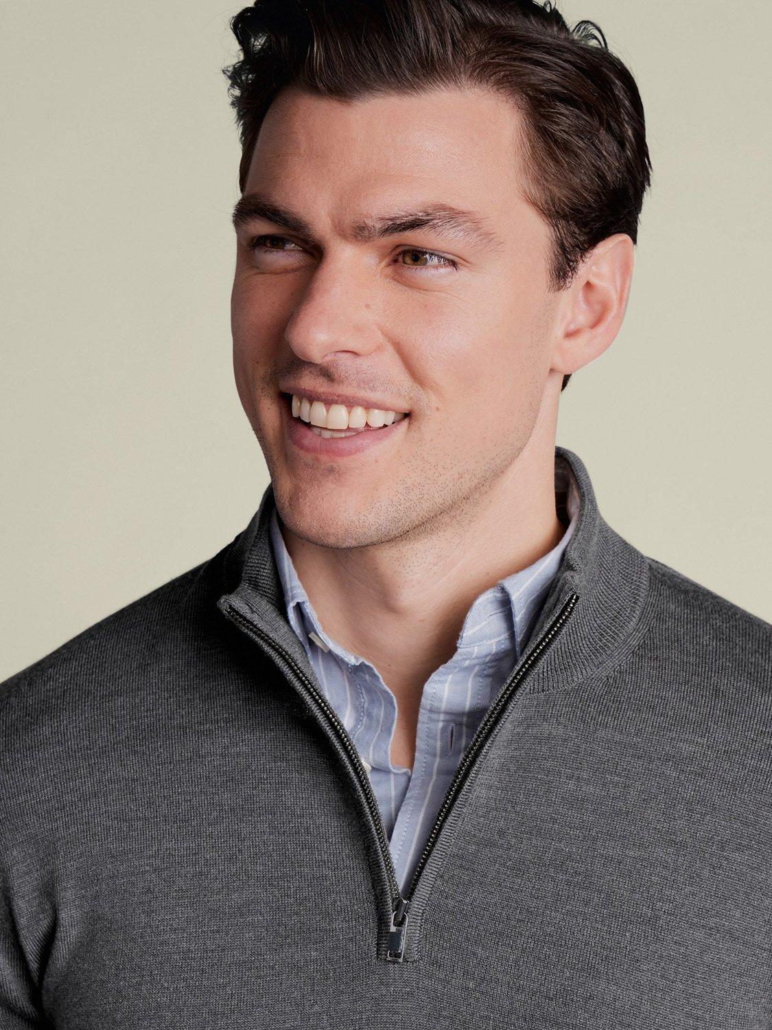 Product image 2 of 5, which shows Charles Tyrwhitt Half Zip Merino Wool Jumper, Grey, XXL