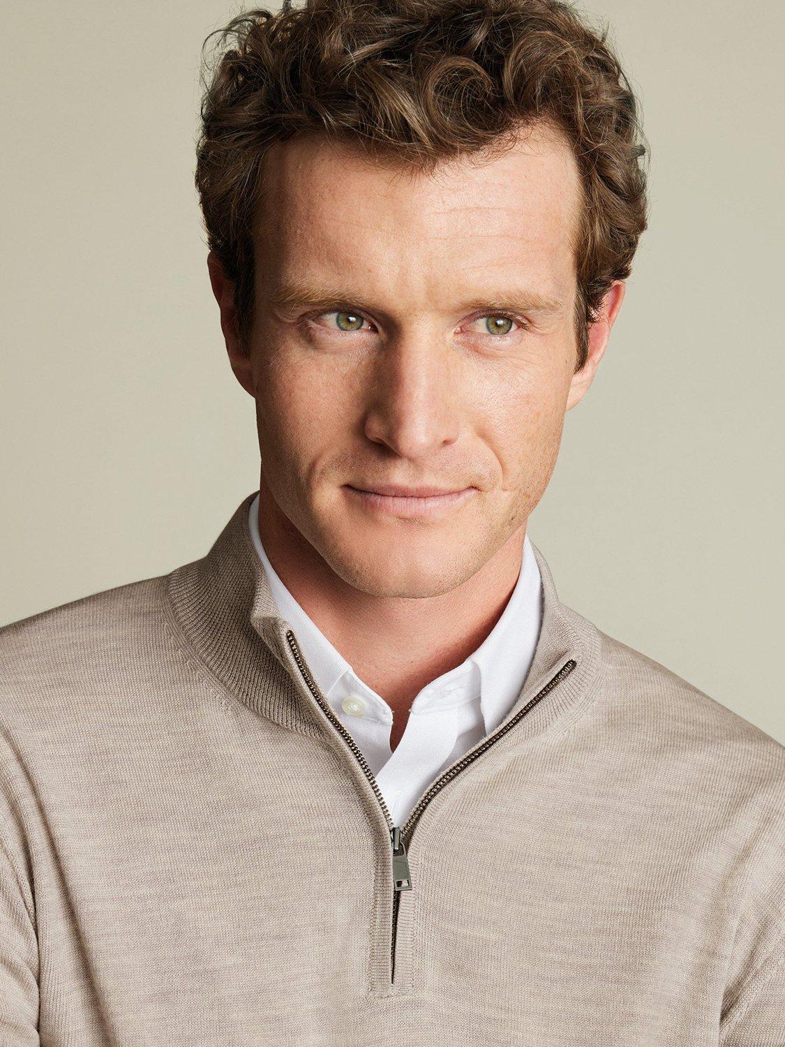 Product image 2 of 5, which shows Charles Tyrwhitt Half Zip Merino Wool Jumper, Limestone, L