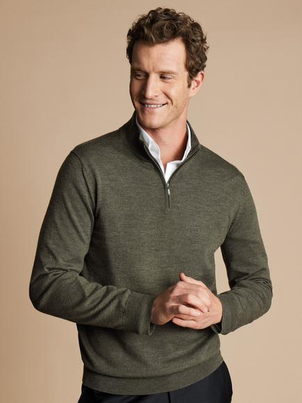Charles Tyrwhitt Half Zip Merino Wool Jumper, Olive Green, Olive Green