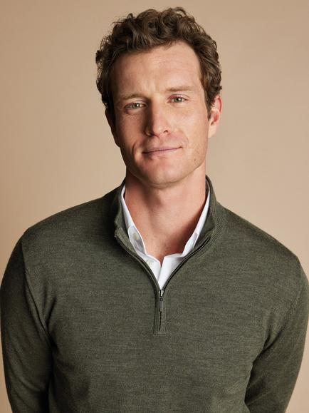 Charles Tyrwhitt Half Zip Merino Wool Jumper, Olive Green - view 2, Olive Green