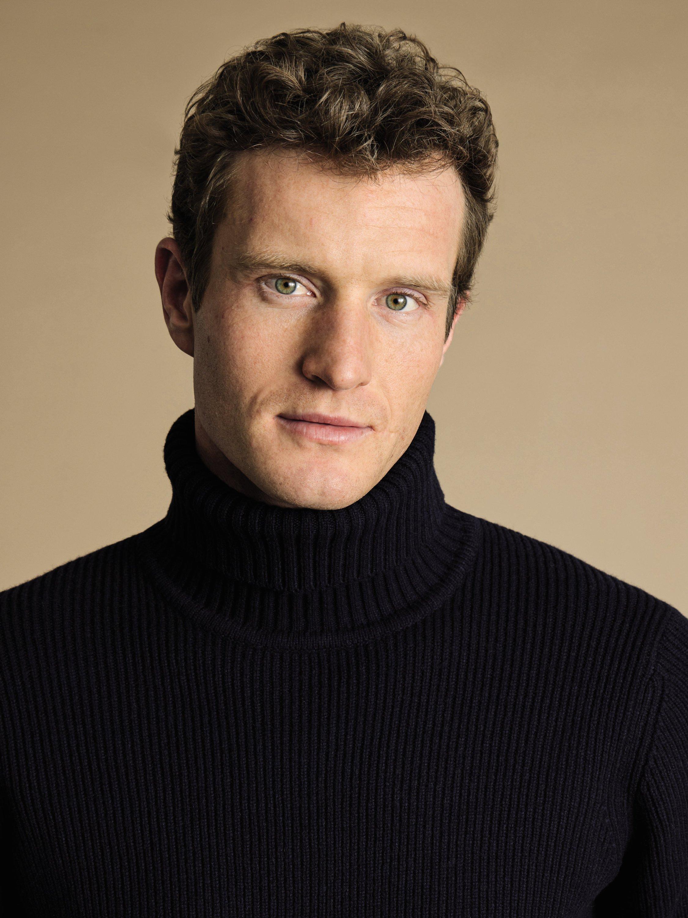 Product image 1 of 5, which shows Charles Tyrwhitt Ribbed Wool Roll Neck Jumper, Navy, XXL