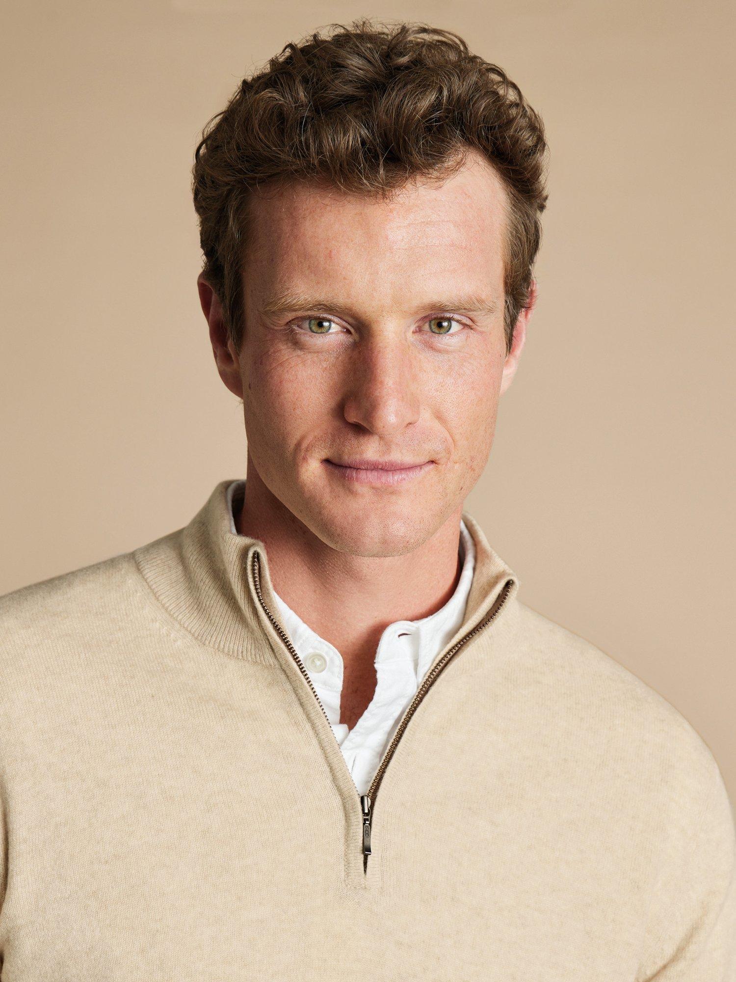 Product image 2 of 5, which shows Charles Tyrwhitt Half Zip Cashmere Jumper, Cream, XS