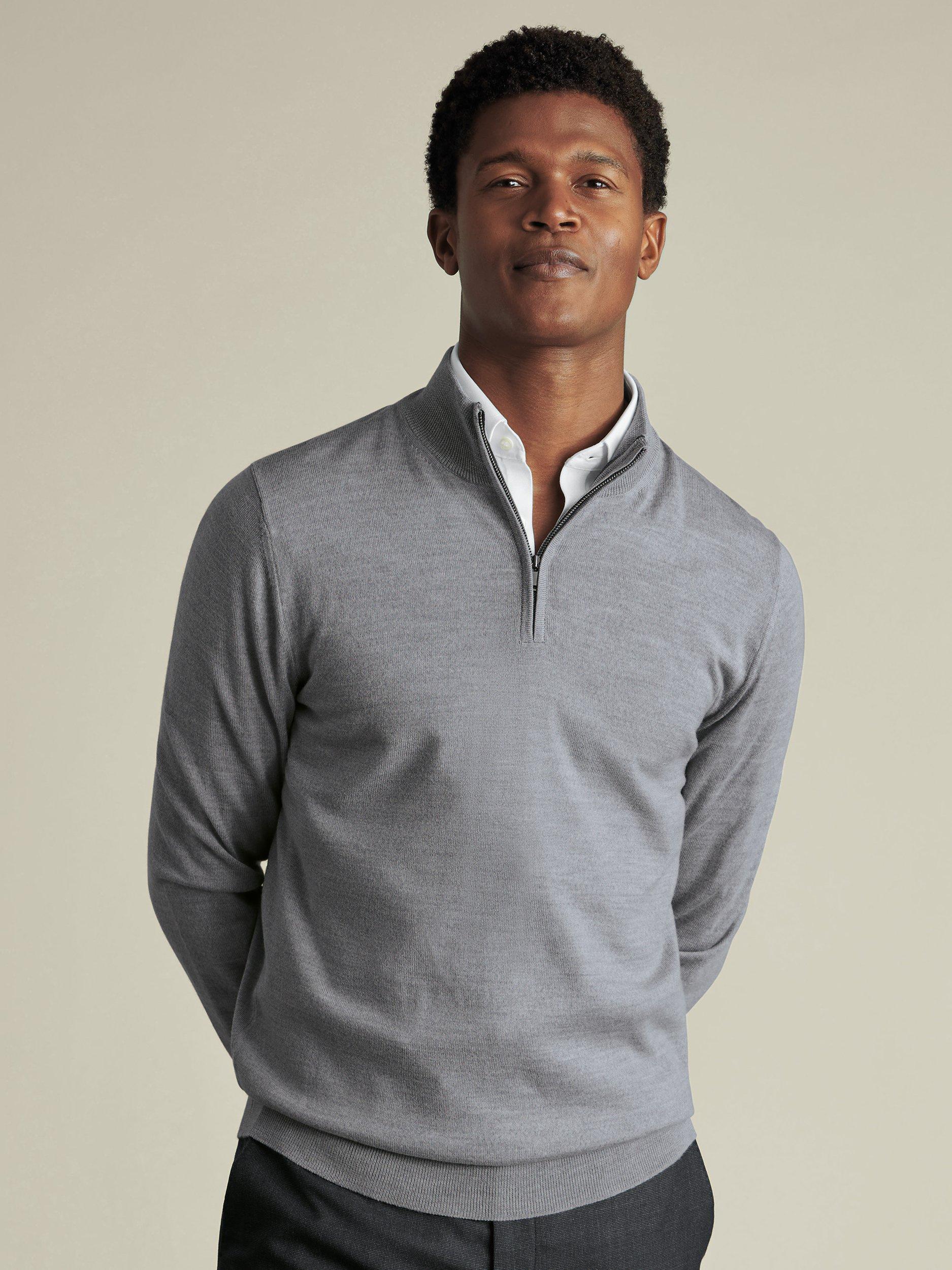 Product image 1 of 5, which shows Charles Tyrwhitt Half Zip Merino Wool Jumper, Light Grey, M