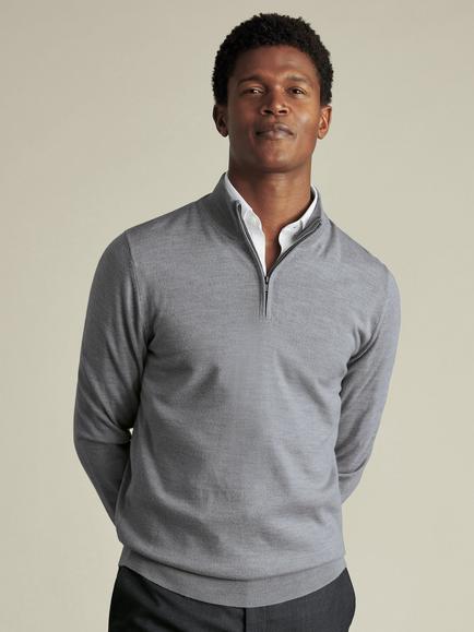 Charles Tyrwhitt Half Zip Merino Wool Jumper, Light Grey, Light Grey