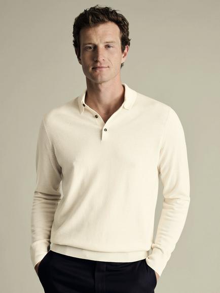 Charles Tyrwhitt Long Sleeve Merino Wool Polo Shirt, Cream