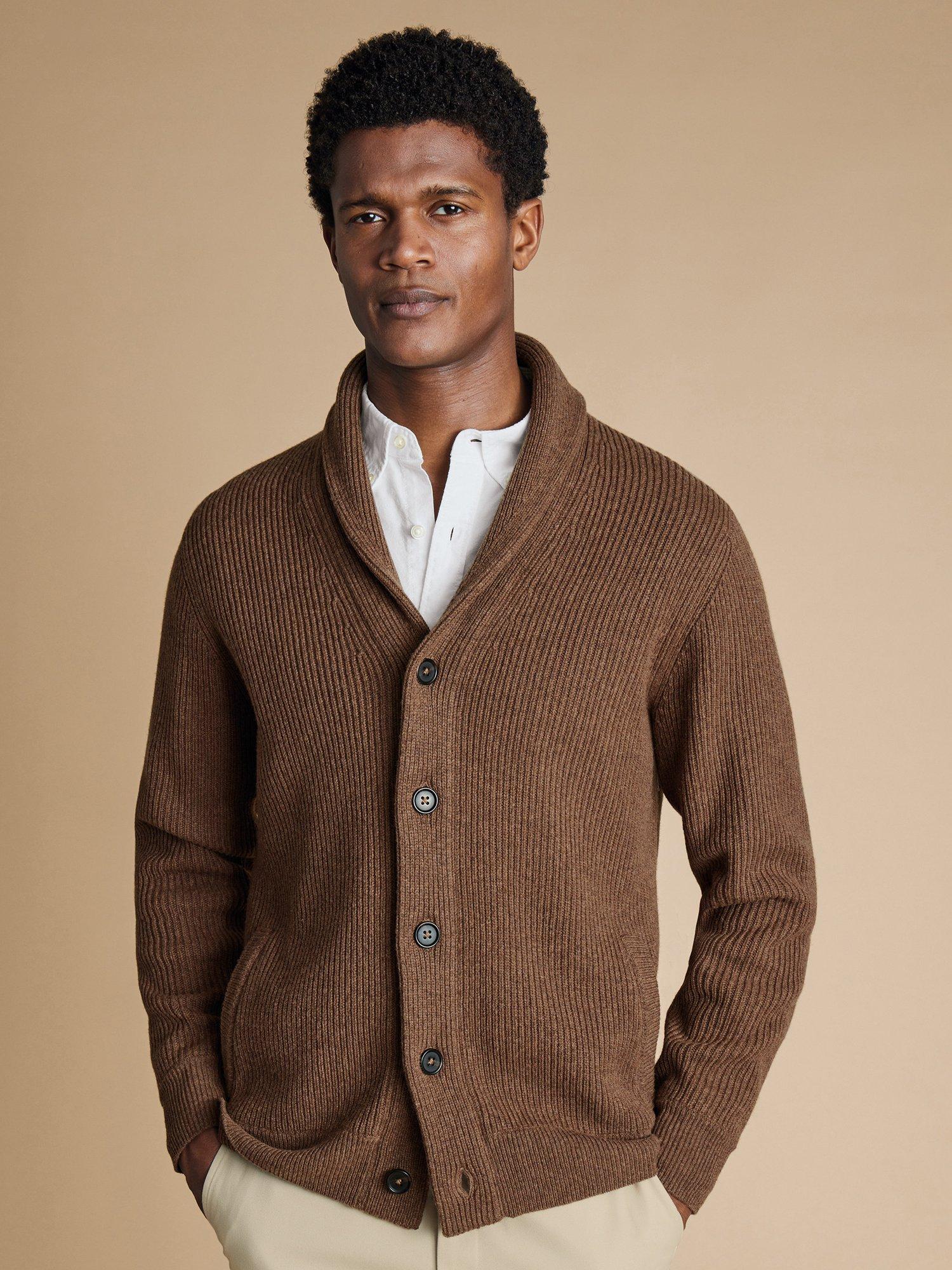 Product image 1 of 5, which shows Charles Tyrwhitt Ribbed Wool Cardigan, Toffee, XL