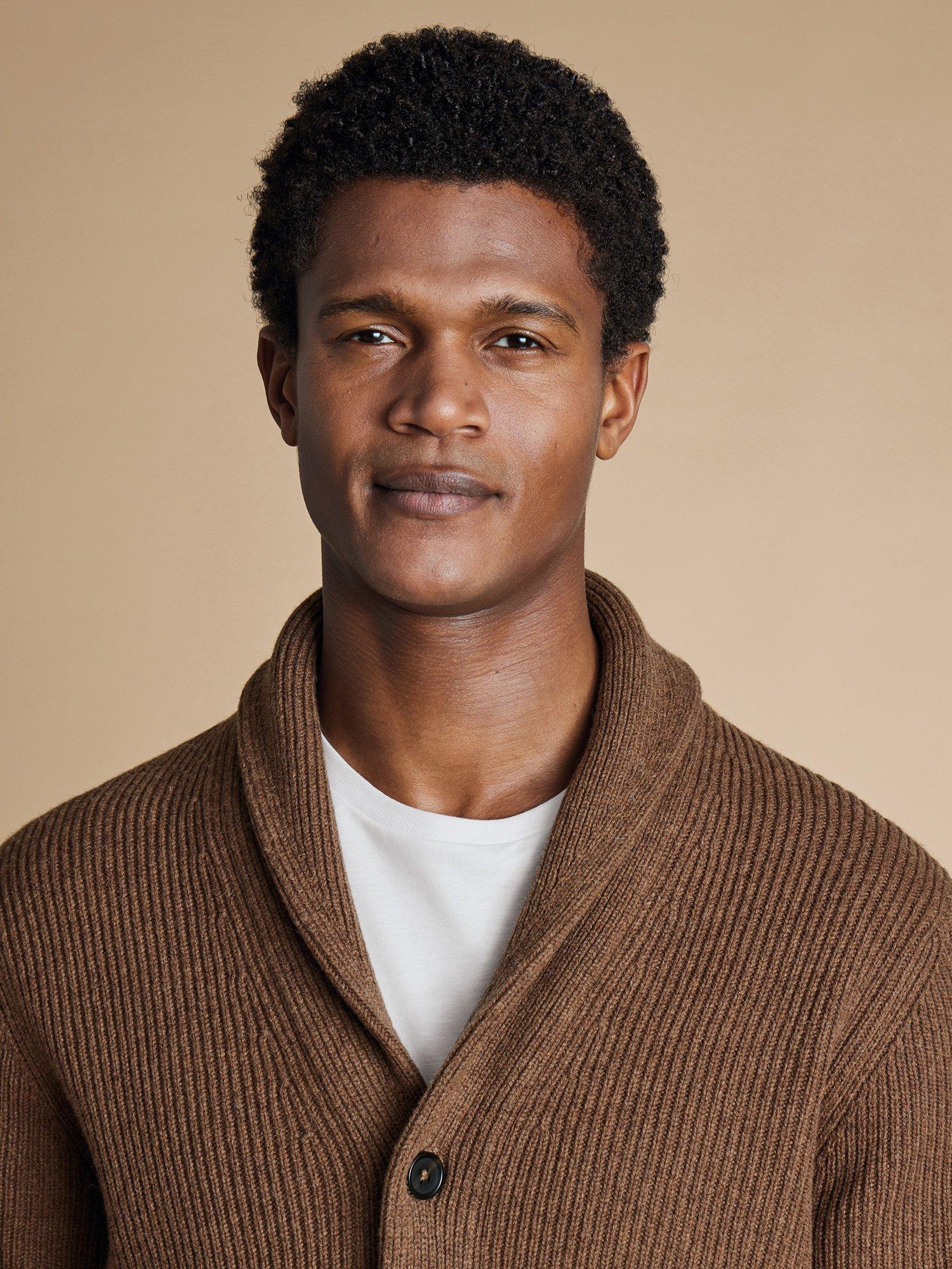 Product image 2 of 5, which shows Charles Tyrwhitt Ribbed Wool Cardigan, Toffee, XL