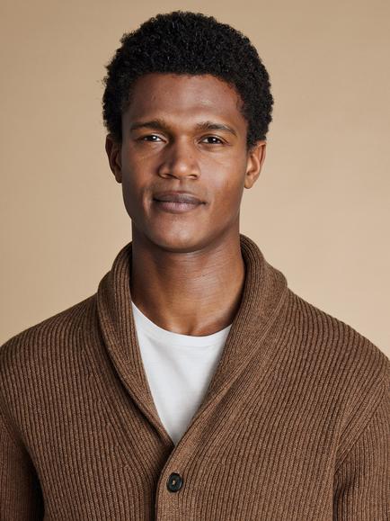 Charles Tyrwhitt Ribbed Merino Wool Cardigan - view 2, Toffee