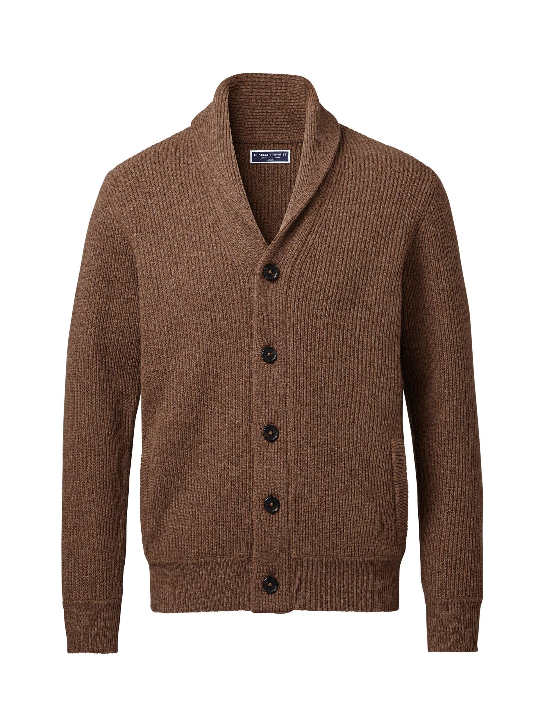 Product image 5 of 5, which shows Charles Tyrwhitt Ribbed Wool Cardigan, Toffee, XL