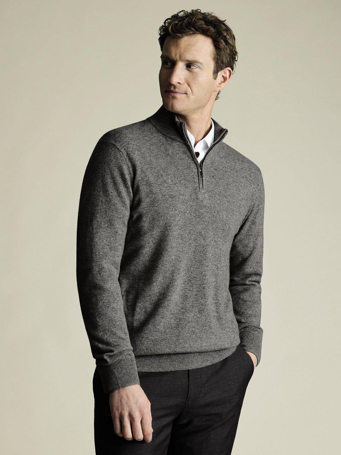 Product image 1 of 5, which shows Charles Tyrwhitt Half Zip Cashmere Jumper, Grey, XS