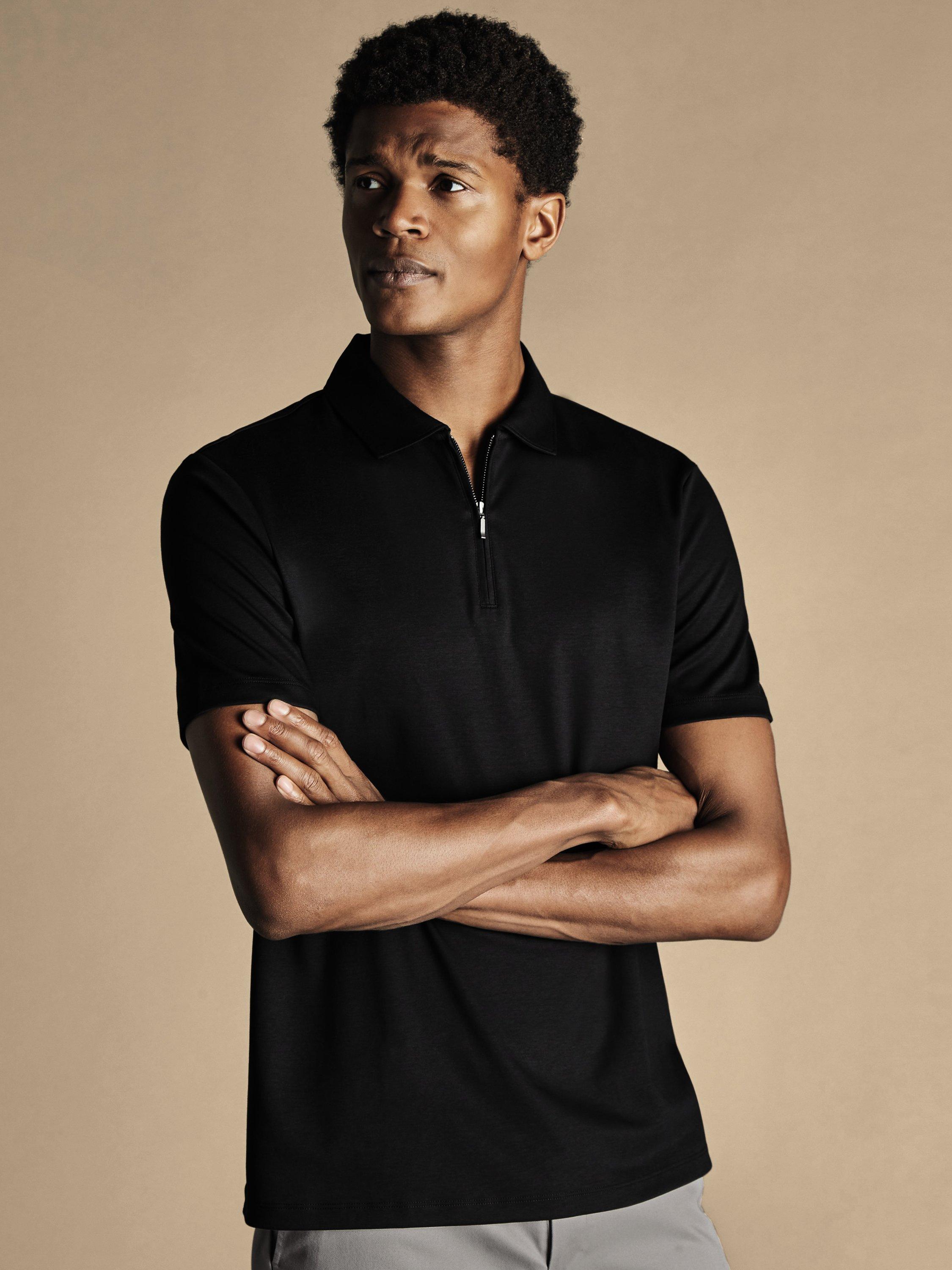 Product image 1 of 5, which shows Charles Tyrwhitt Half Zip Cotton Polo Shirt, Black, L