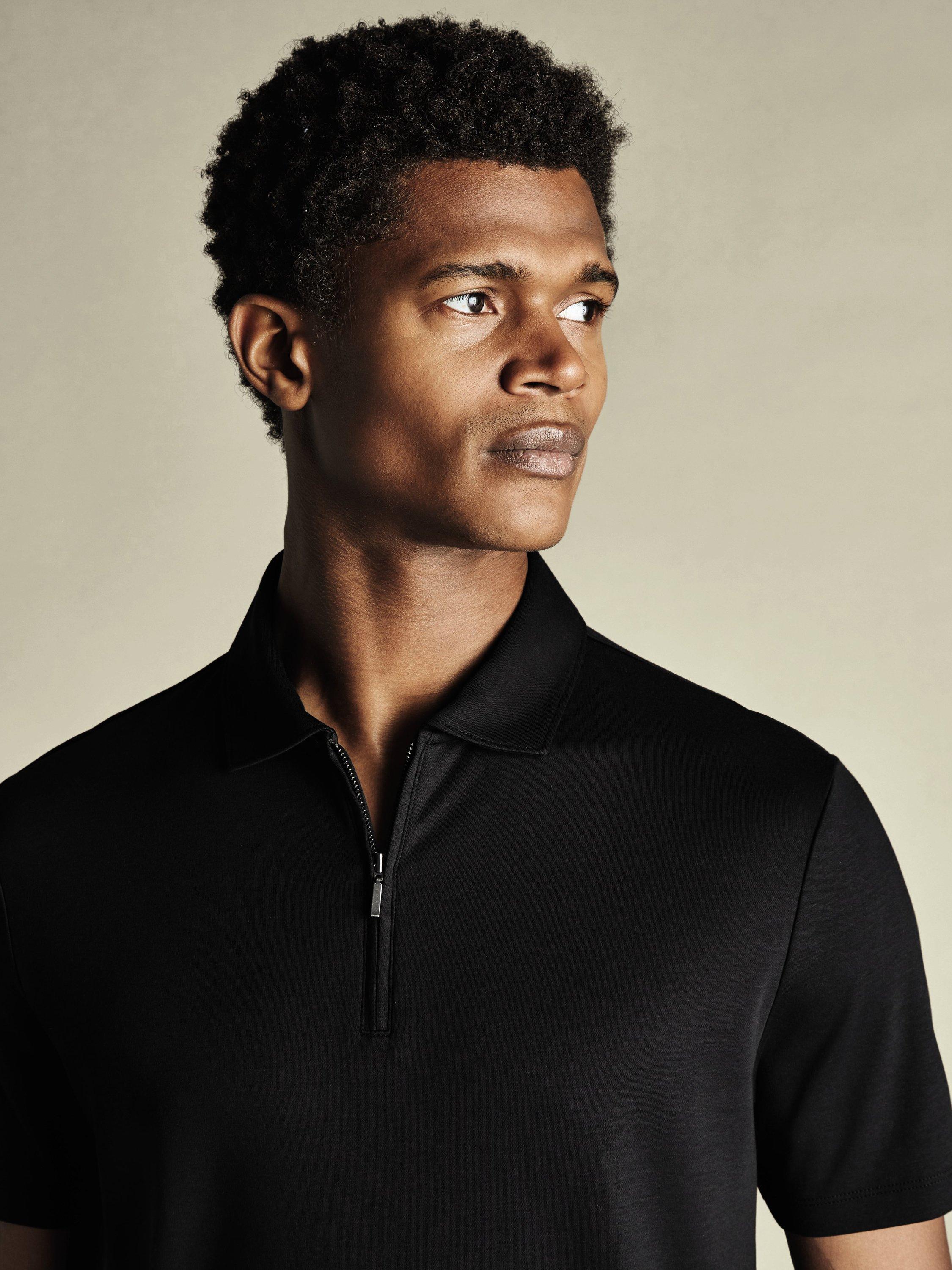 Product image 2 of 5, which shows Charles Tyrwhitt Half Zip Cotton Polo Shirt, Black, L