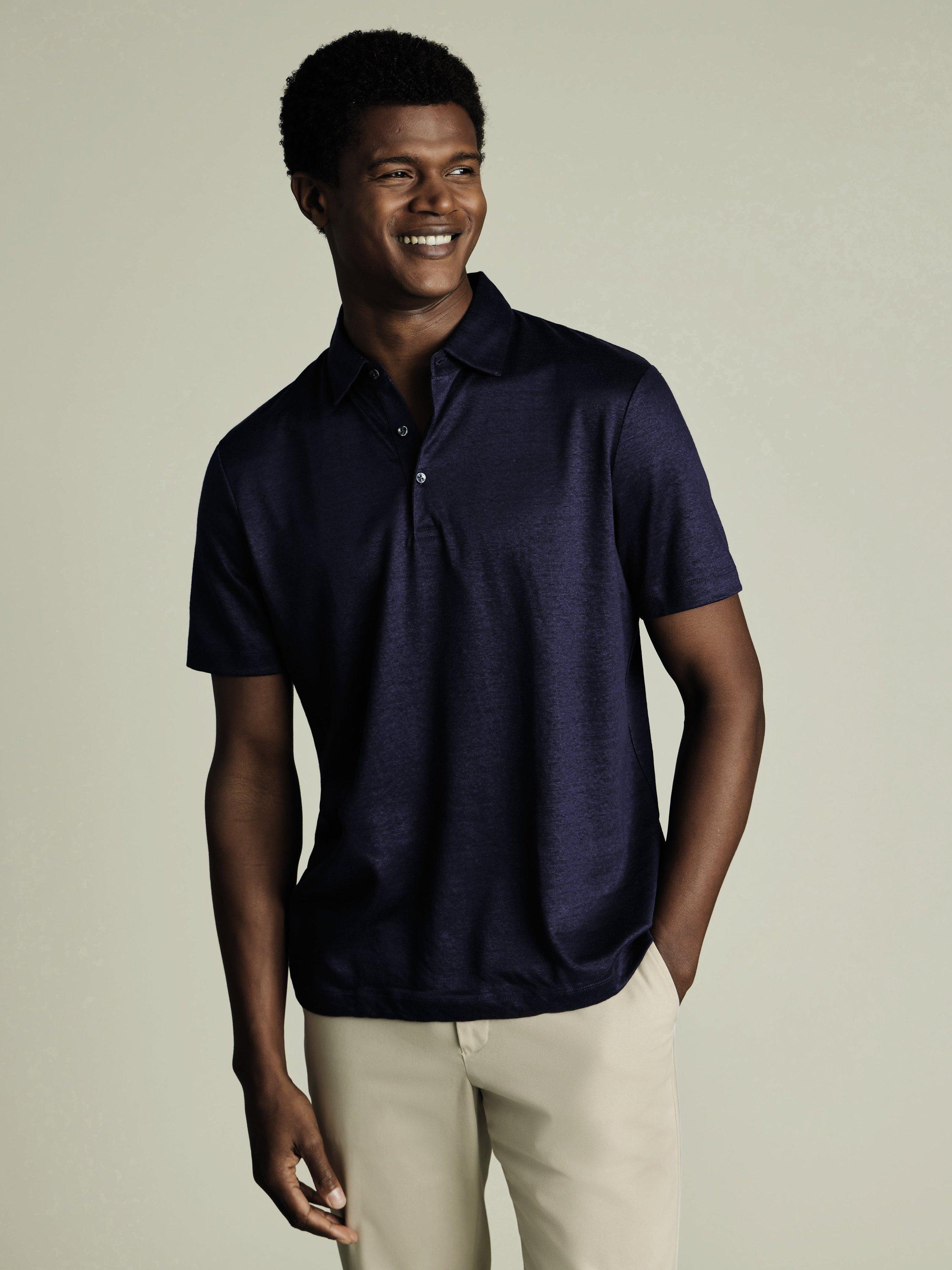 Product image 1 of 5, which shows Charles Tyrwhitt Regular Fit Linen Polo Shirt, Navy, L