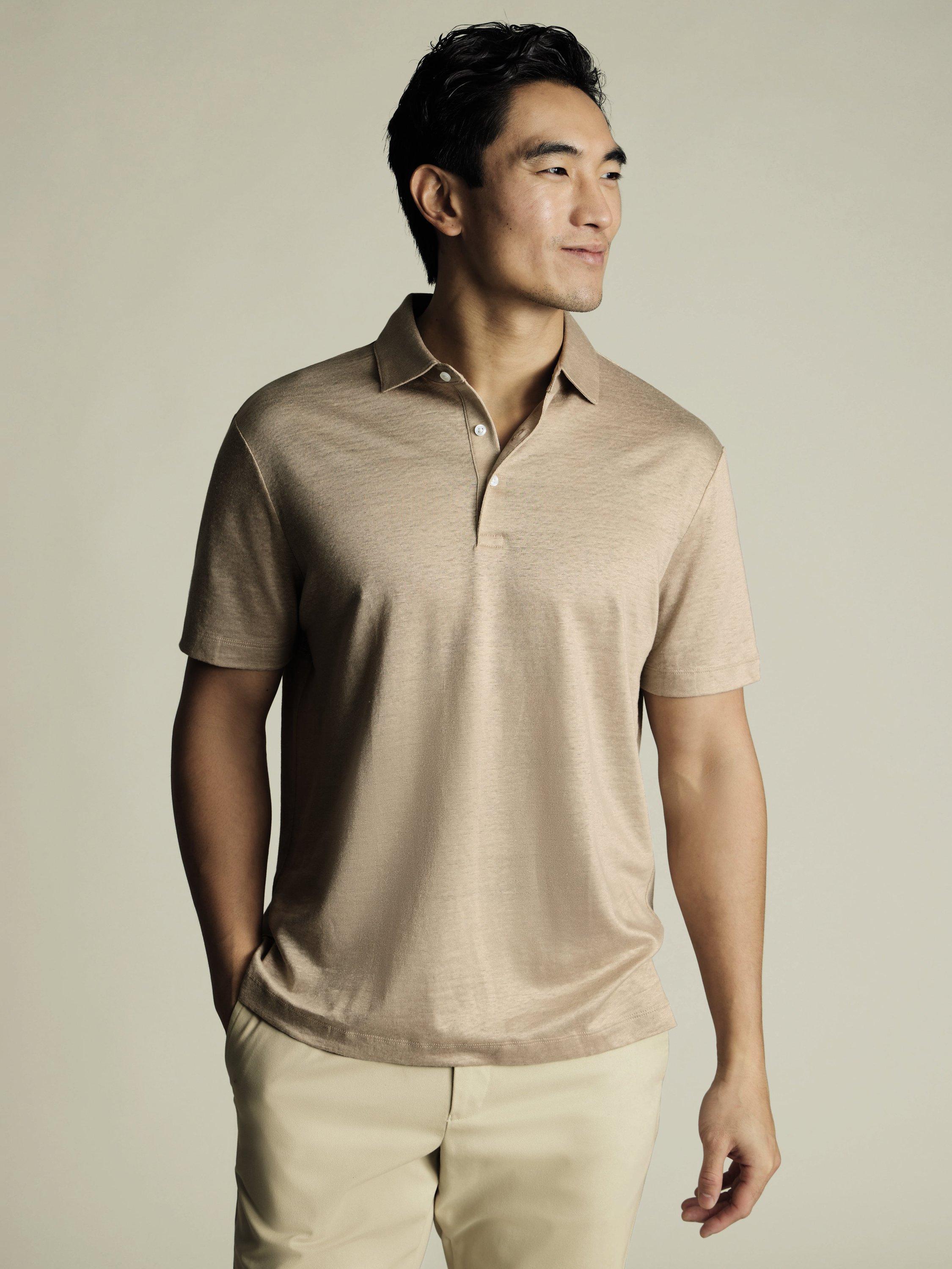 Product image 1 of 5, which shows Charles Tyrwhitt Regular Fit Linen Polo Shirt, Oatmeal, XXL