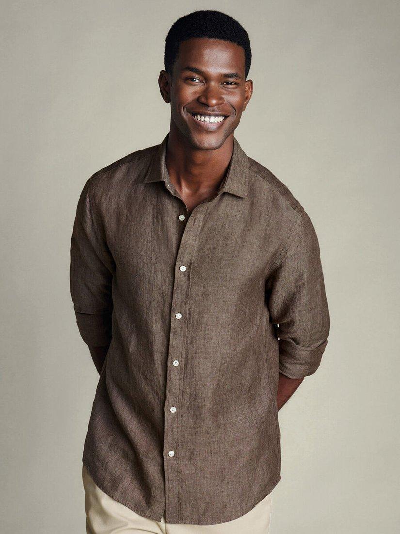 Product image 1 of 6, which shows Charles Tyrwhitt Slim Fit Linen Shirt, Mocha, M