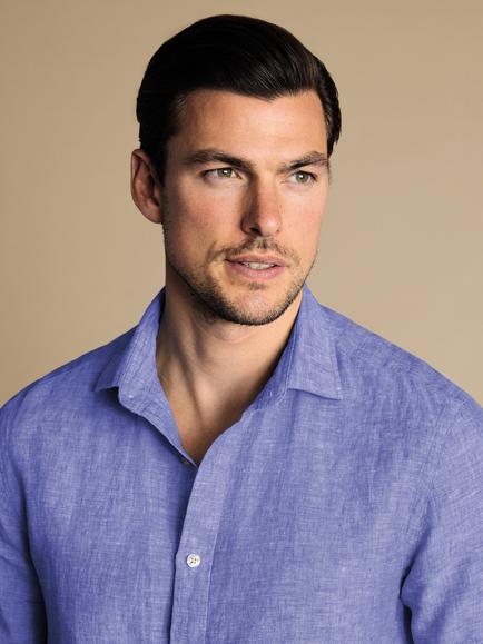 Charles Tyrwhitt Regular Fit Short Sleeve Linen Shirt - view 2, Cobalt Blue