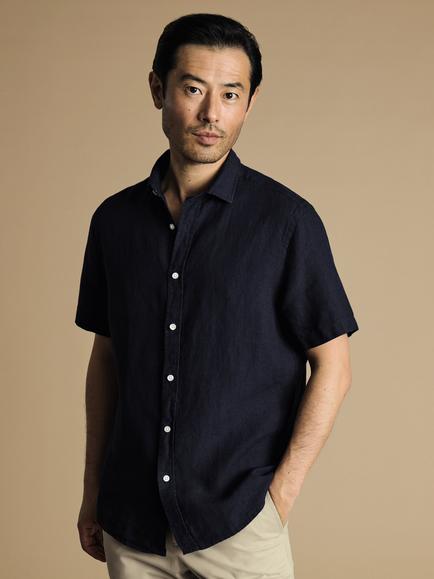 Charles Tyrwhitt Regular Fit Short Sleeve Linen Shirt, Navy