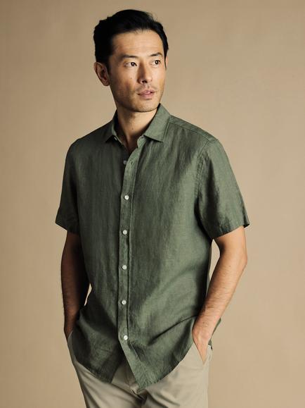 Charles Tyrwhitt Regular Fit Short Sleeve Linen Shirt, Olive Green