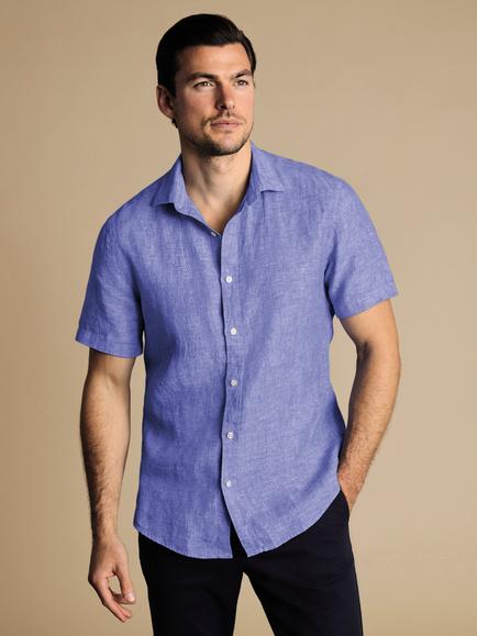 Charles Tyrwhitt Slim Fit Short Sleeve Linen Shirt, Cobalt Blue
