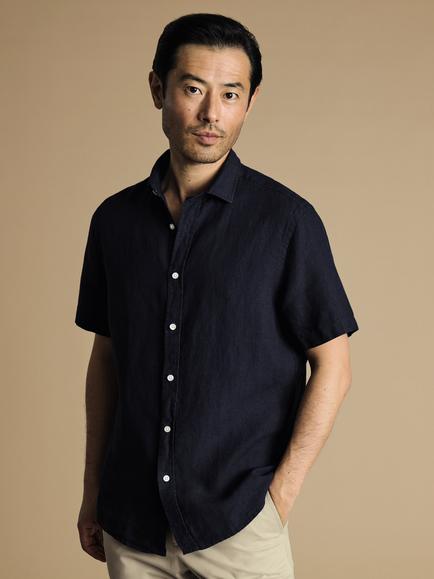 Charles Tyrwhitt Slim Fit Short Sleeve Linen Shirt, Navy