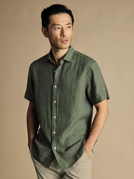 Charles Tyrwhitt Slim Fit Short Sleeve Linen Shirt, Olive Green