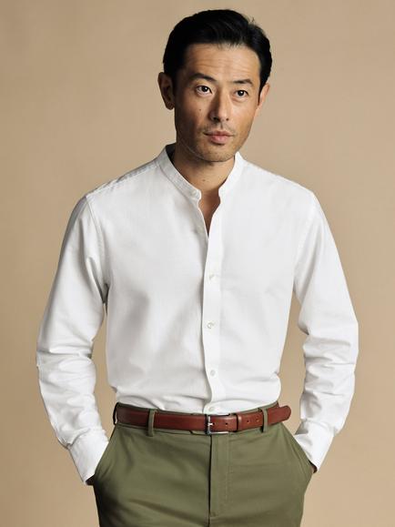 Charles Tyrwhitt Slim Fit Mandarin Collar Cotton Linen Blend Shirt, White