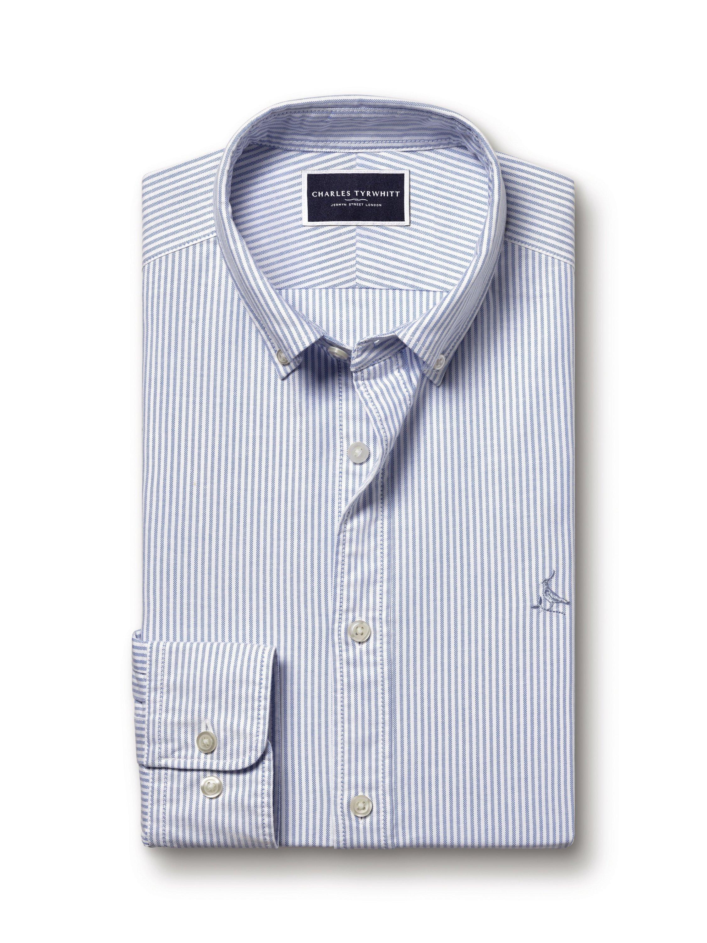 Product image 5 of 5, which shows Charles Tyrwhitt Regular Fit Button Down Collar Stripe Cotton Shirt, Blue/White, XL