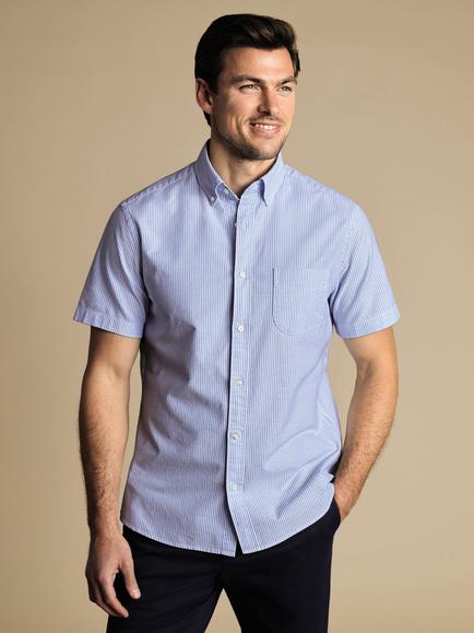 Charles Tyrwhitt Regular Fit Button Down Collar Short Sleeve Stripe Cotton Shirt, Ocean Blue