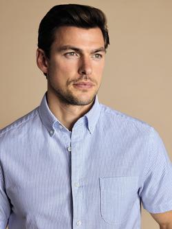 Charles Tyrwhitt Regular Fit Button Down Collar Short Sleeve Stripe Cotton Shirt - view 2, Ocean Blue