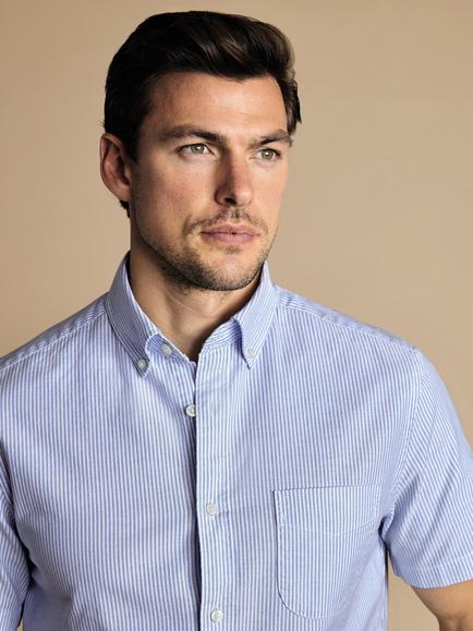 Charles Tyrwhitt Regular Fit Button Down Collar Short Sleeve Stripe Cotton Shirt - view 2, Ocean Blue