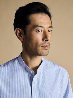 Charles Tyrwhitt Slim Fit Mandarin Collar Stripe Cotton Shirt - view 2, Ocean Blue