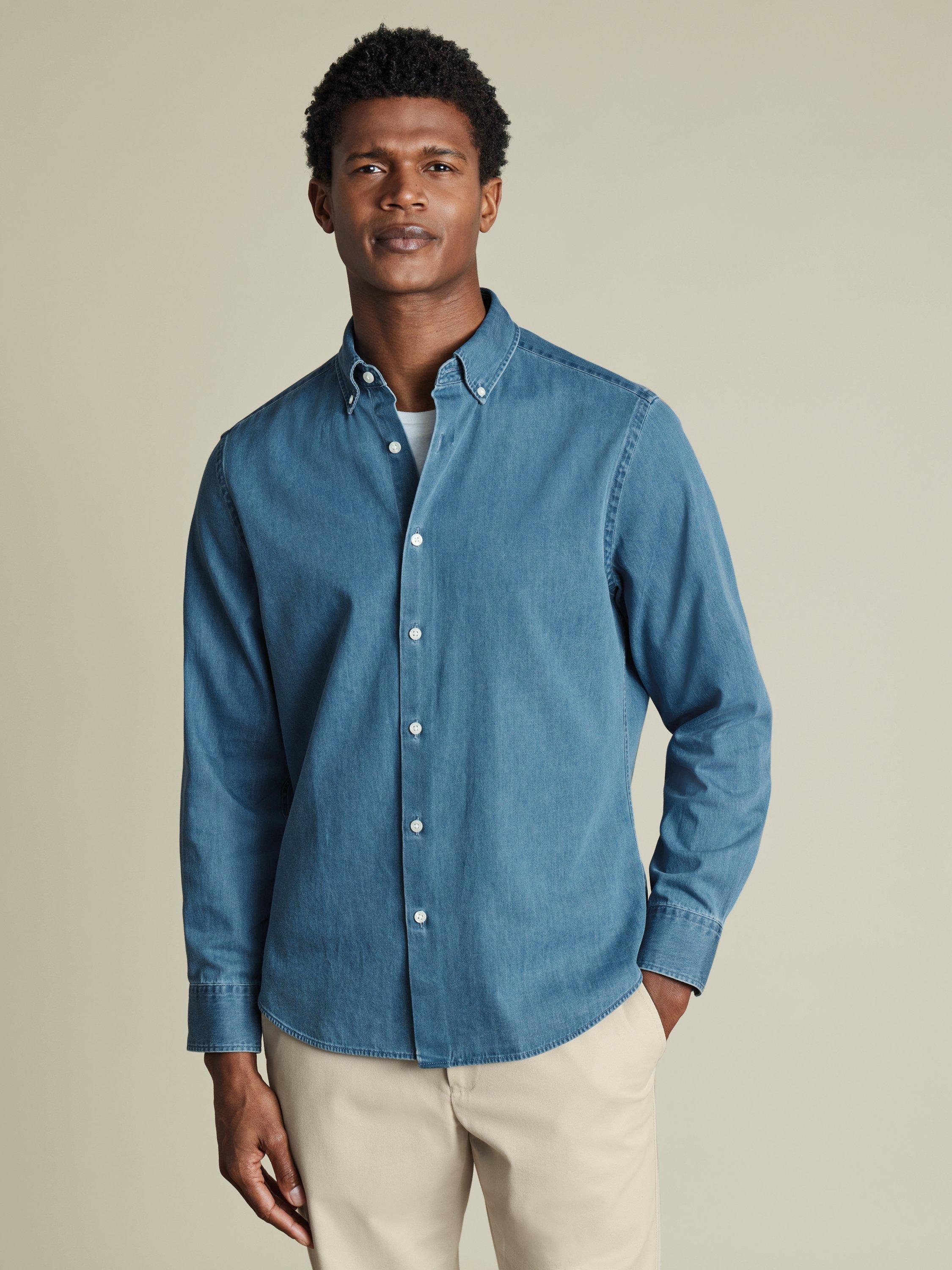 Product image 1 of 6, which shows Charles Tyrwhitt Regular Fit Button Down Collar Denim Shirt, Ocean Blue, XL