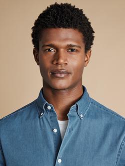 Charles Tyrwhitt Regular Fit Button Down Collar Denim Shirt - view 2, Ocean Blue