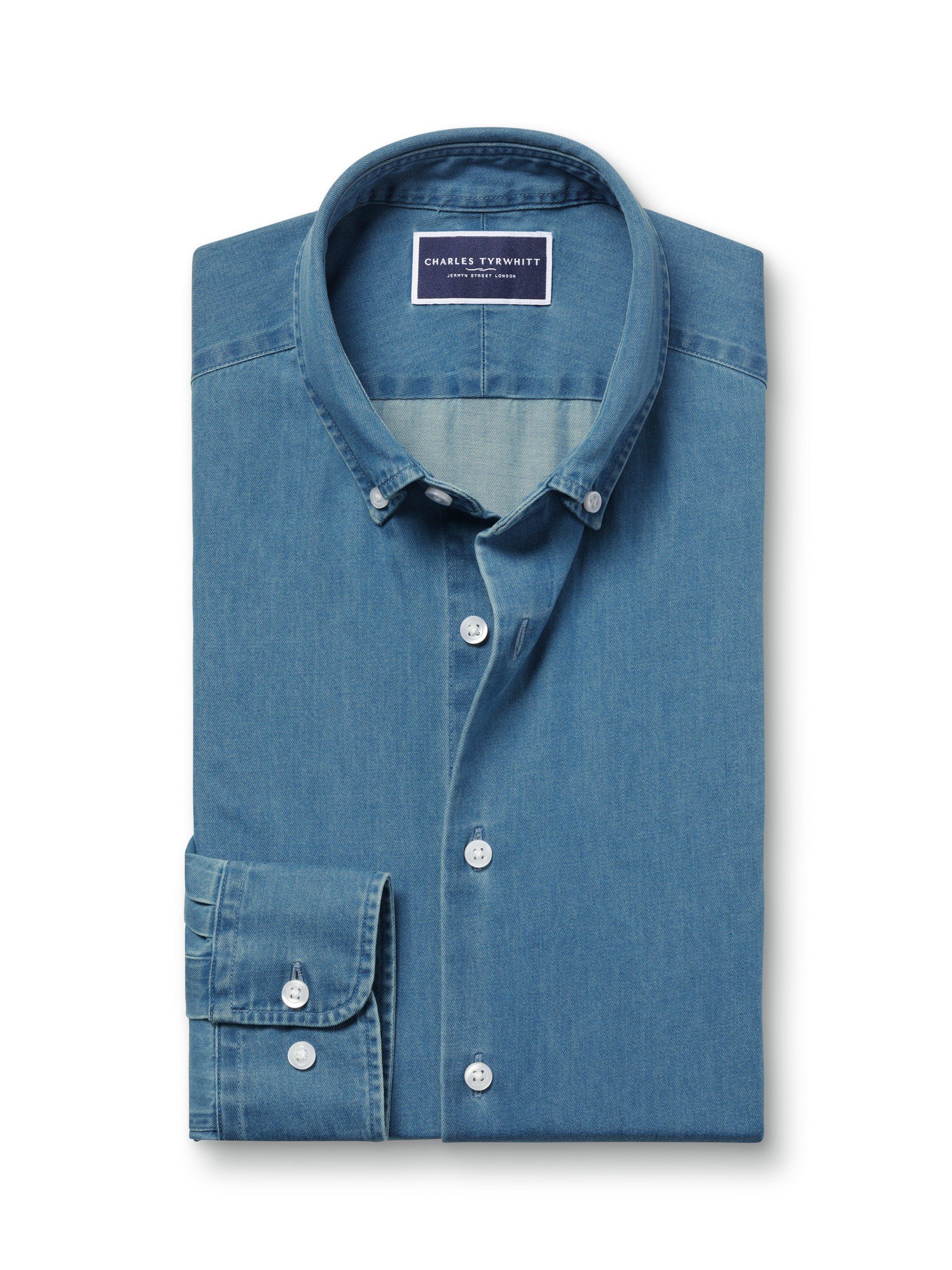 Product image 6 of 6, which shows Charles Tyrwhitt Regular Fit Button Down Collar Denim Shirt, Ocean Blue, XL