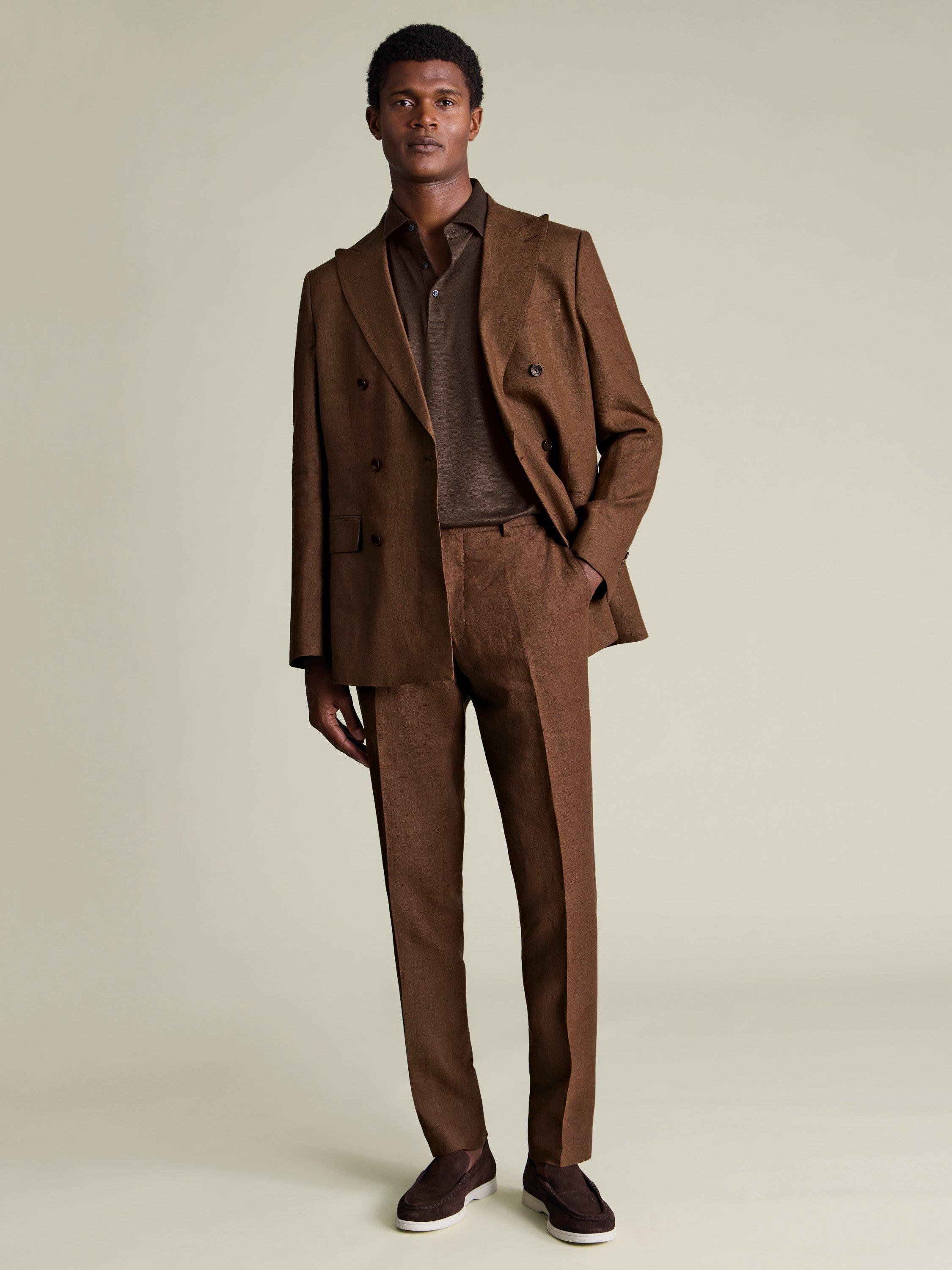 Product image 5 of 5, which shows Charles Tyrwhitt Double Breasted Linen Blazer, Rust, 36R