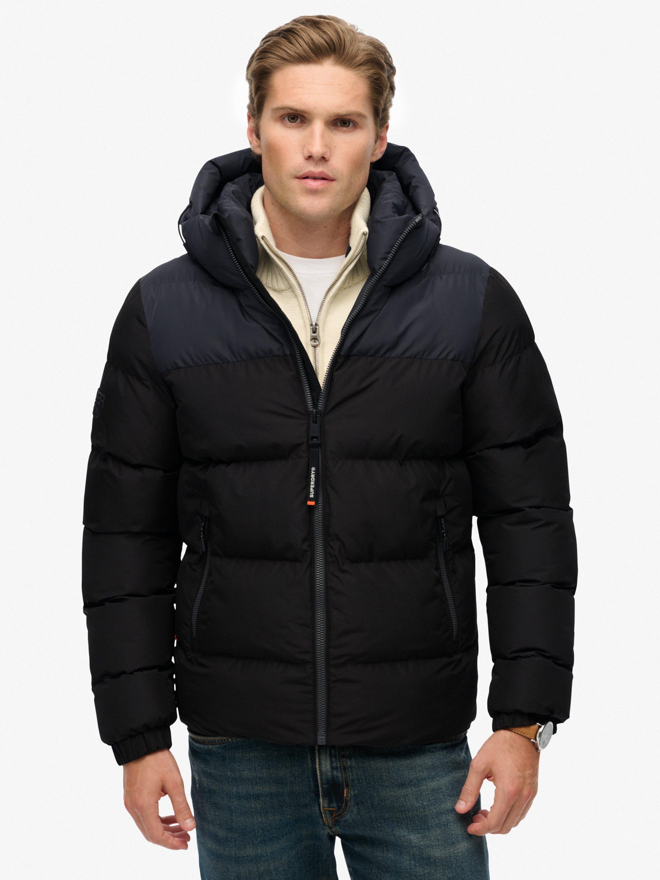 Product image 4 of 7, which shows Superdry Colourblock Hooded Puffer Jacket, Black/Ebony, XXXL