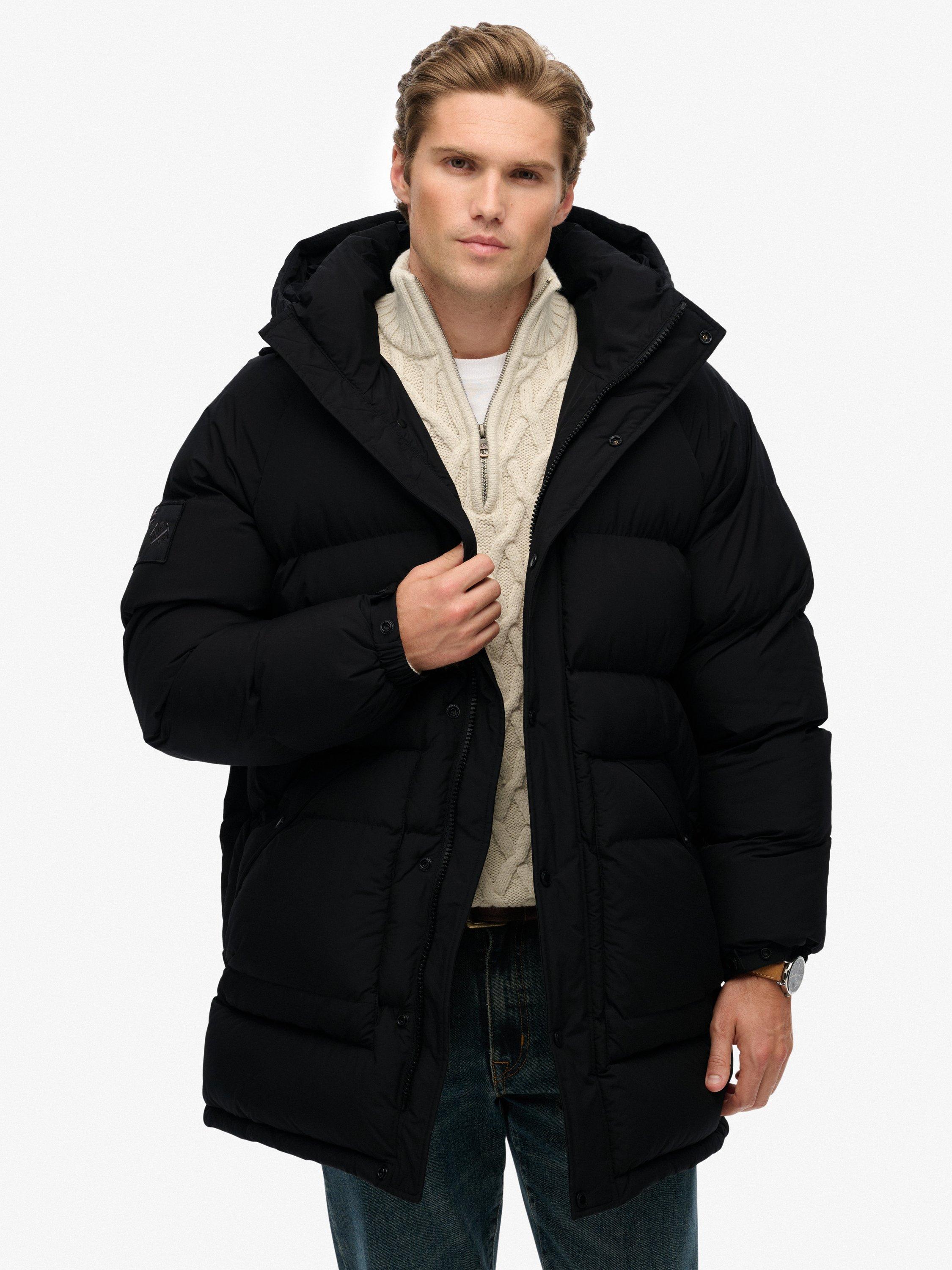 Product image 1 of 6, which shows Superdry Longline Baffle Parka Jacket, Jet Black, M