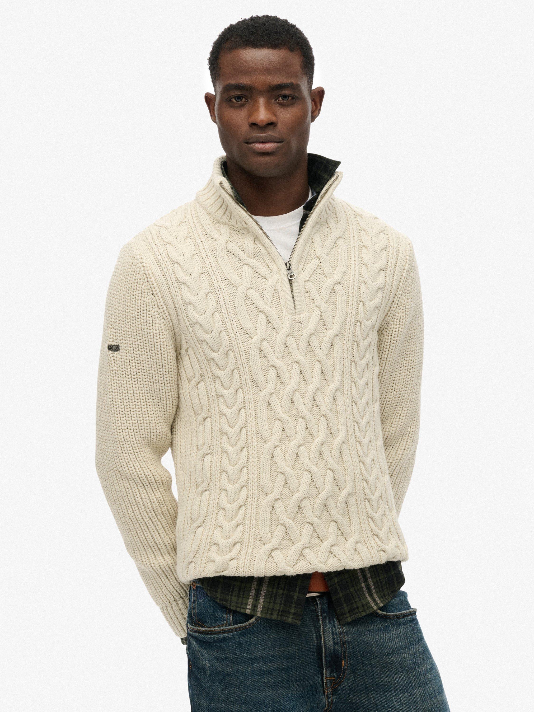 Product image 1 of 5, which shows Superdry Jacob Cable Knit Half Zip Jumper, Ecru, XL
