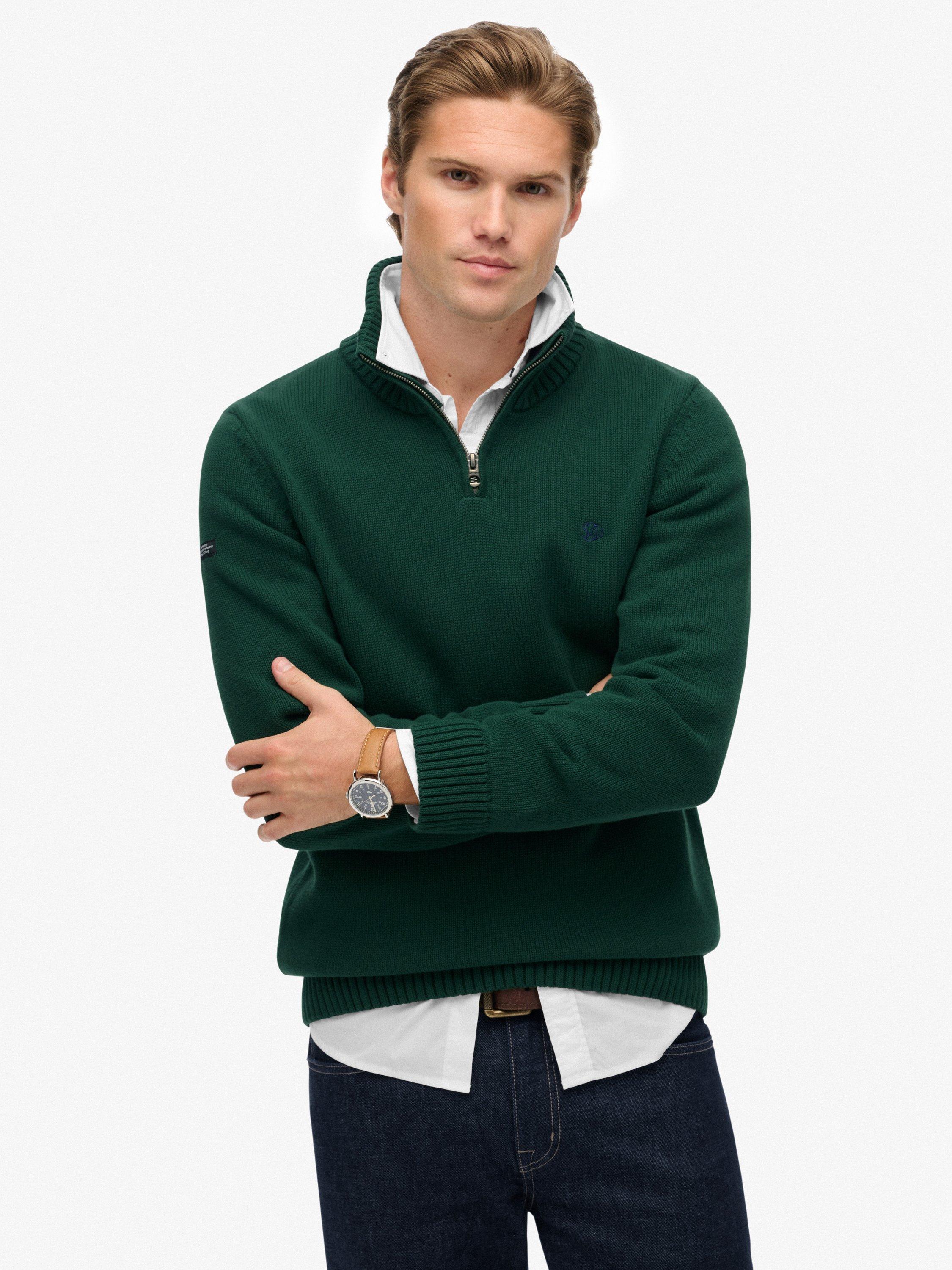 Product image 1 of 5, which shows Superdry Cotton Classics Half-Zip Knitted Jumper, Forest Green, S