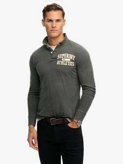 Superdry Vintage Athletic Long Sleeve Polo Shirt, Dark Shadow Grey, Dark Shadow Grey
