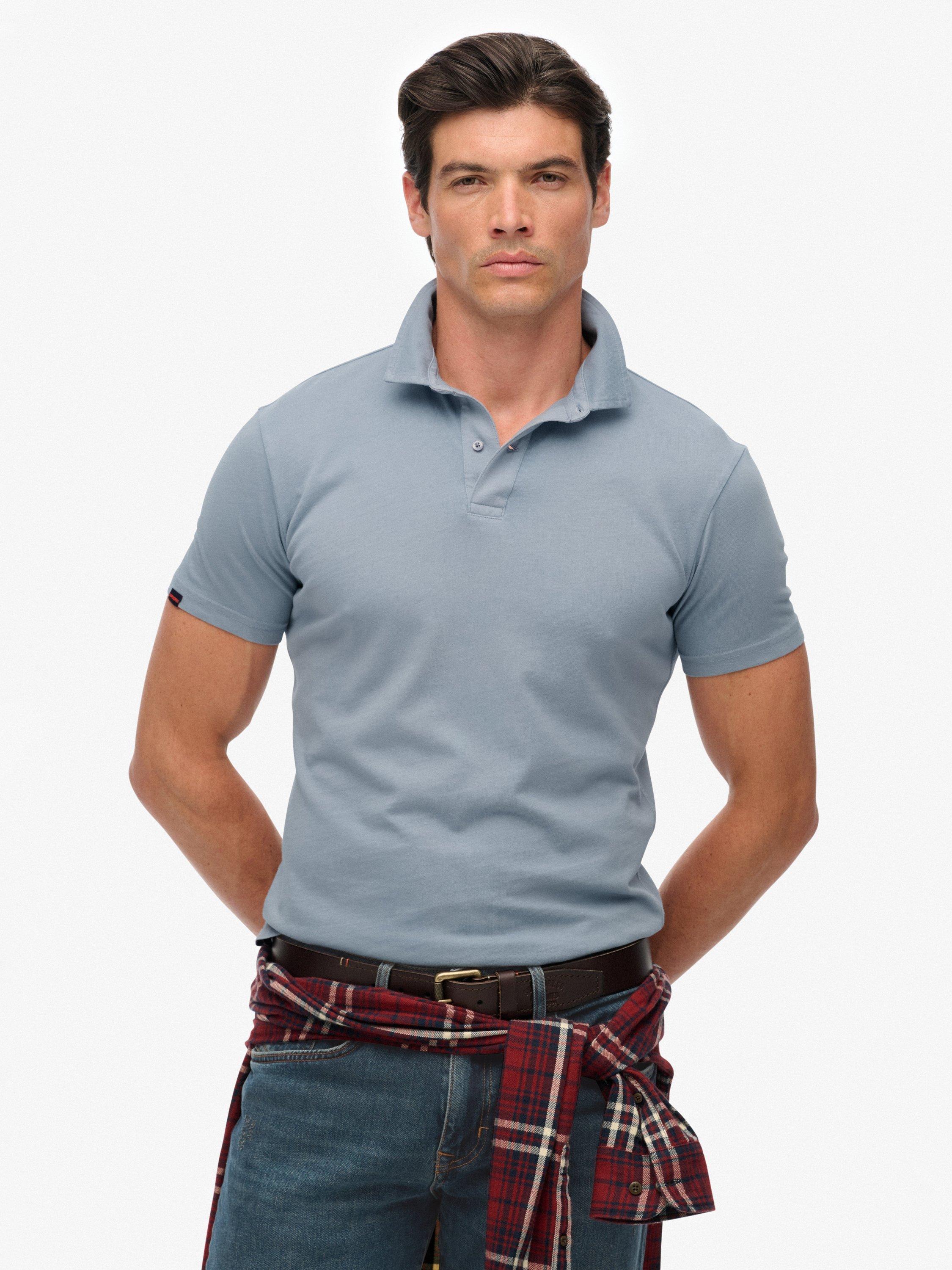 Product image 1 of 6, which shows Superdry Cotton Essential Jersey Polo Top, Washed Denim, XXL