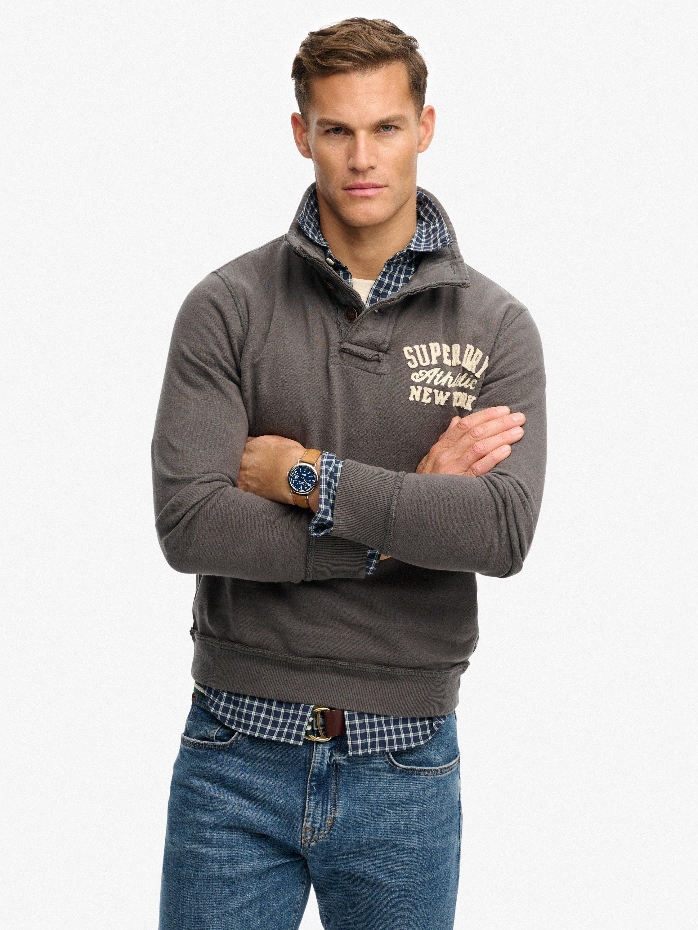 Product image 1 of 5, which shows Superdry Vintage Athletic Henley Sweatshirt, Dark Shadow Grey, XXXL